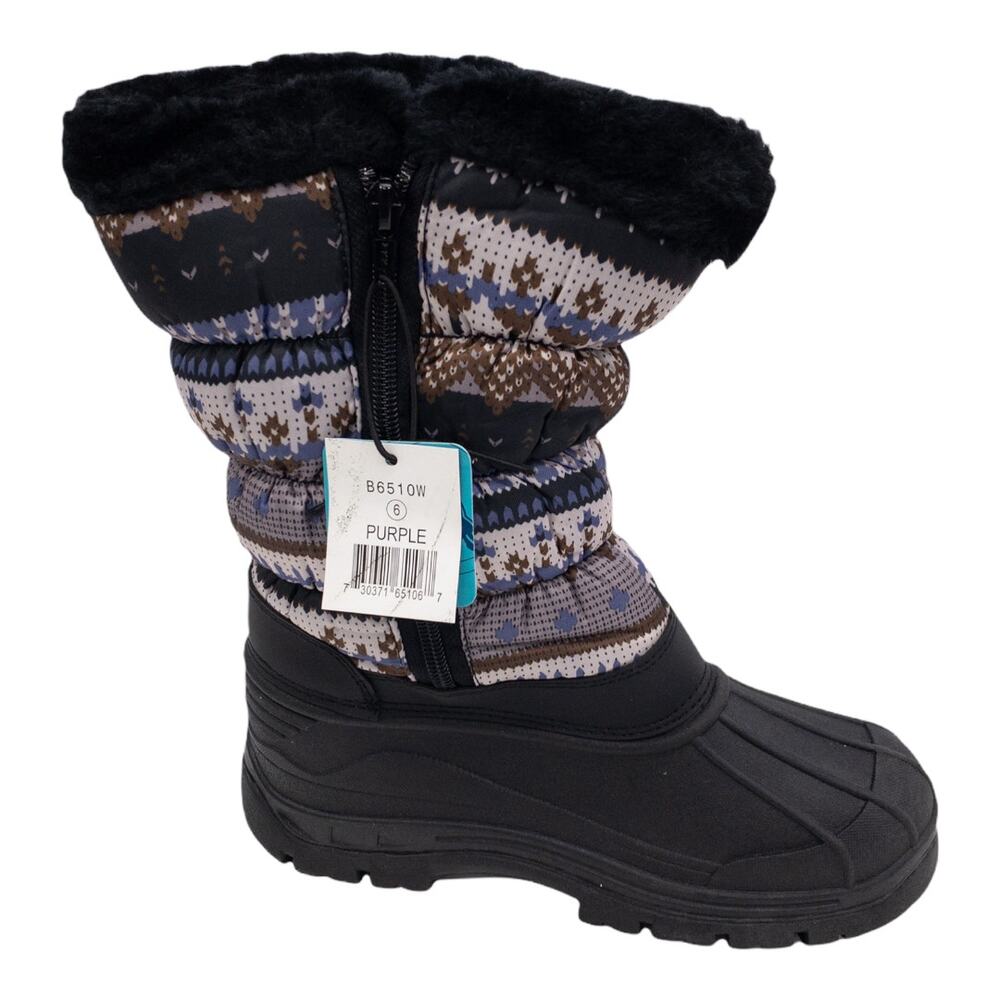 Xtreme Snow Duck Boots Women 6 Black Fair Isle Knit Winter Memory Foam Pull On